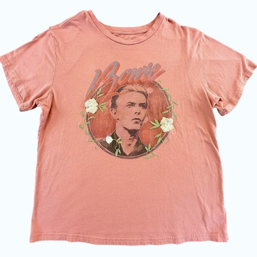Lucky Brand David Bowie Embroidered Floral Graphic T-Shirt Pink Medium